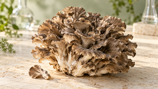 Grey-brown maitake mushroom cluster on a pale stone surface with softly blurred laboratory glassware behind it.